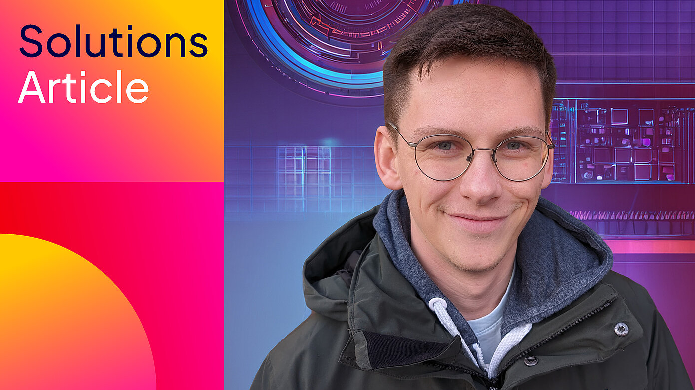 Porträt von Simon mit Brille vor technischer Grafik; links „Solutions Article“-Banner.