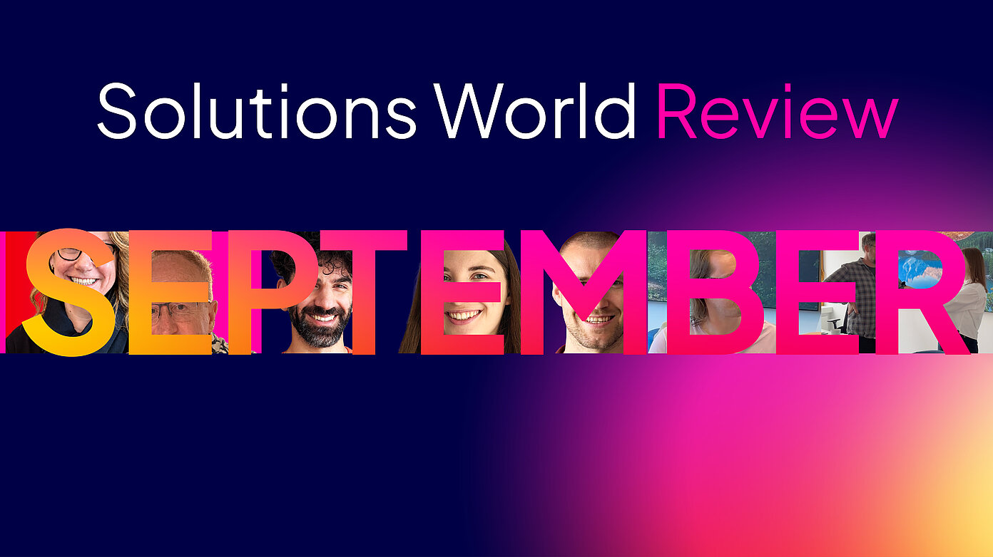 Headergrafik „Solutions World Review September“ mit Collage zu Berufseinstieg, KI und Onboarding.