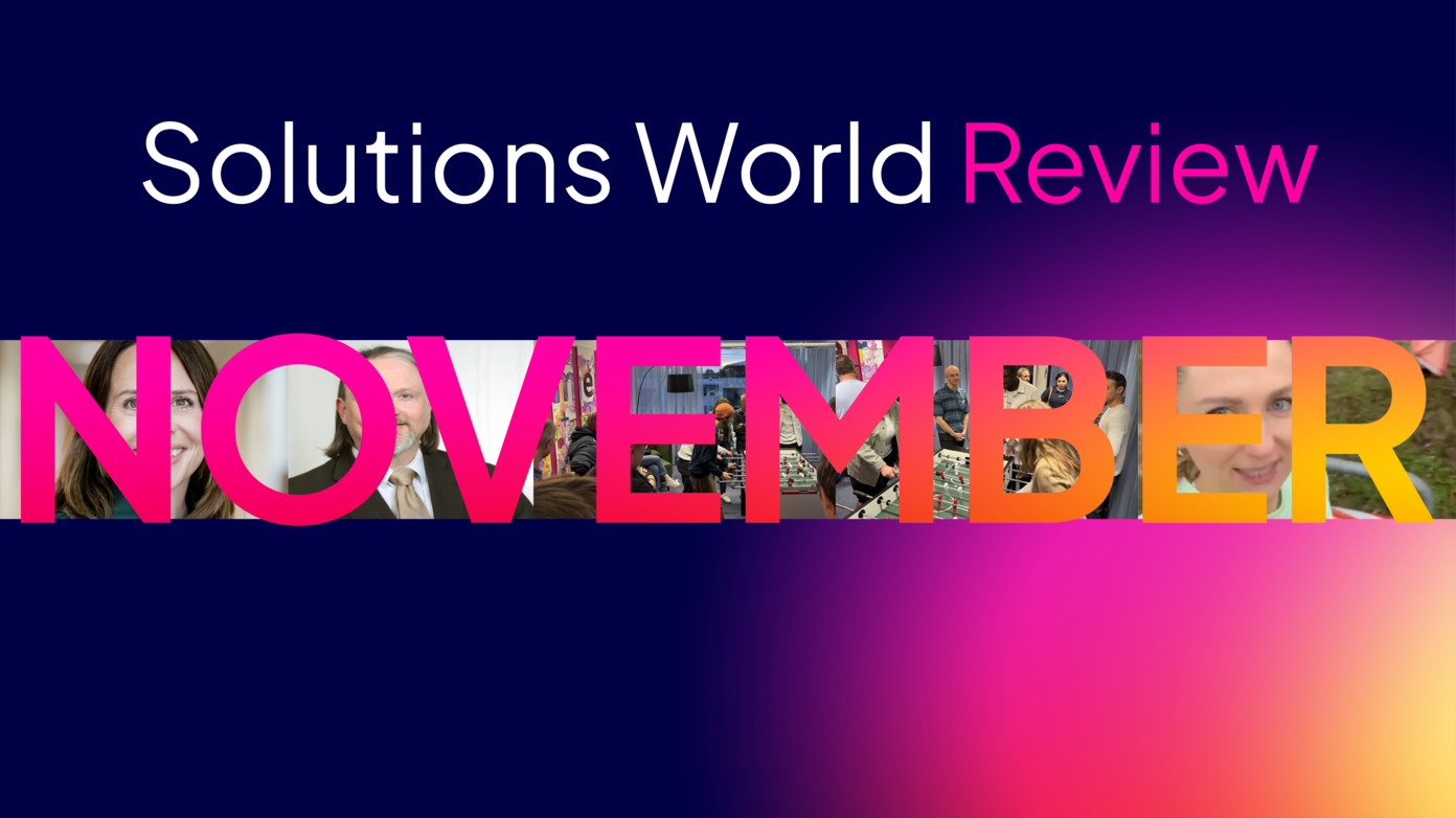 Headergrafik „Solutions World Review – November“ mit Teamfotos sowie Büro- und Event-Szenen.