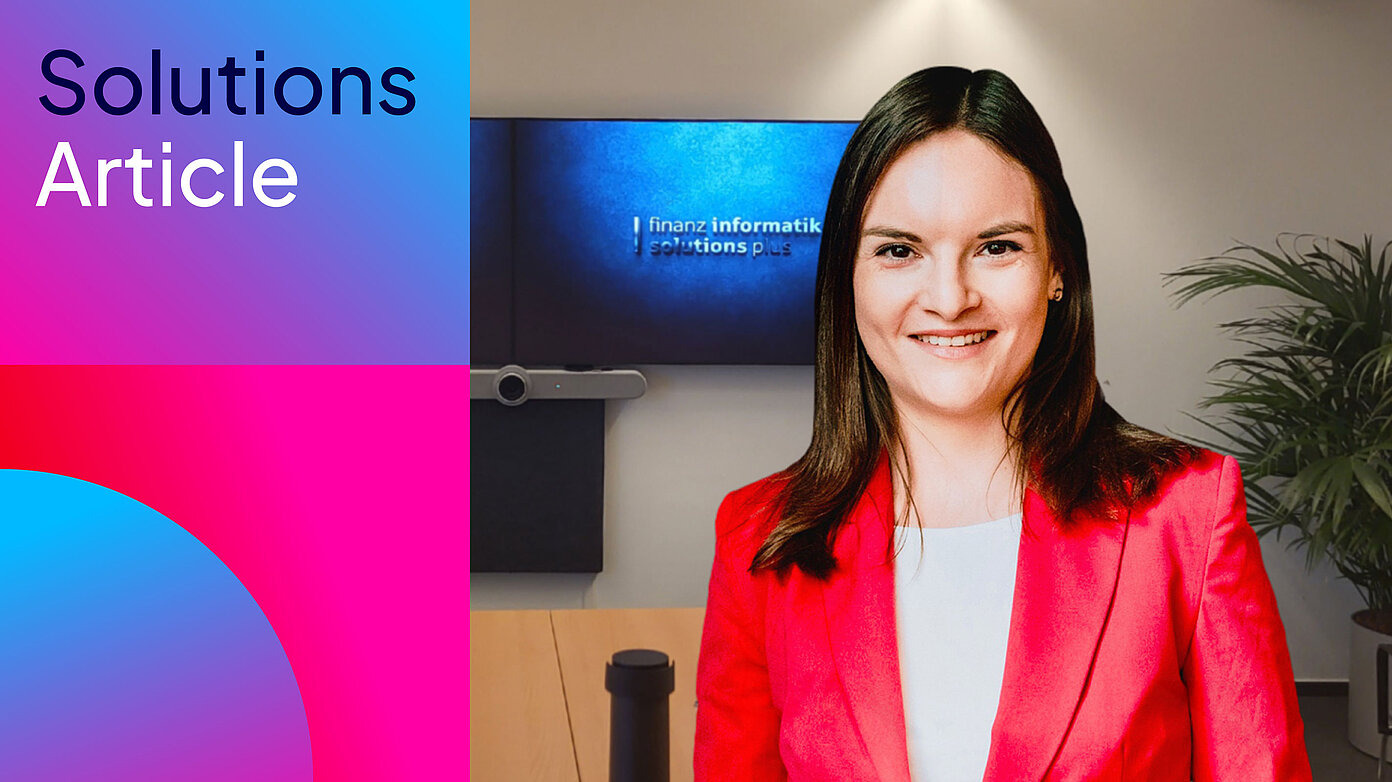 Blog-Beitrag: Mainframe-Transformation bei der FI-SP Porträt einer Frau im roten Blazer vor einem modernen Konferenzraum, links „Solutions Article“-Grafik