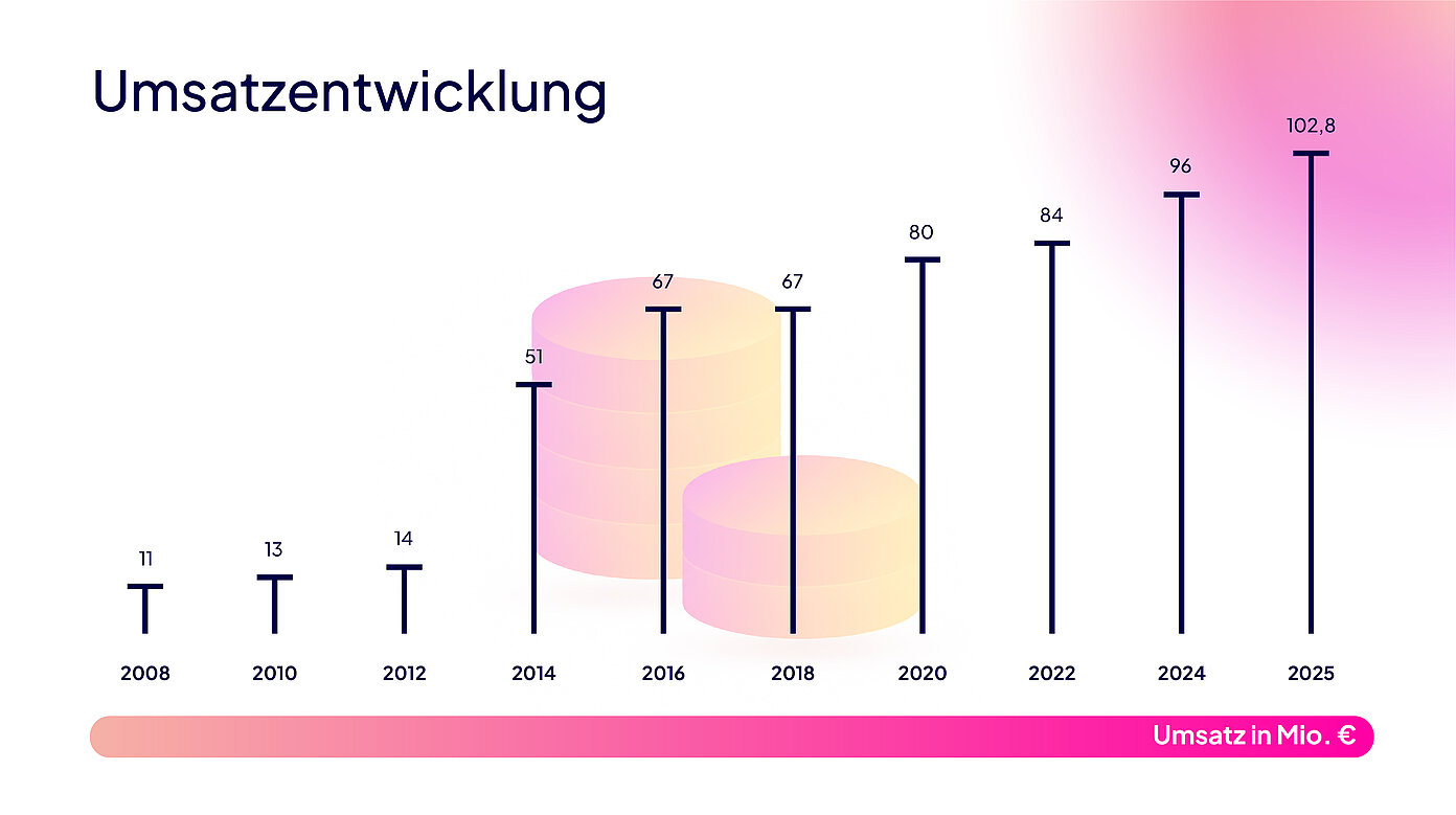 Balkendiagramm zeigt die Umsatzentwicklung der FI-SP von 2008 bis 2025 in Mio. Euro.