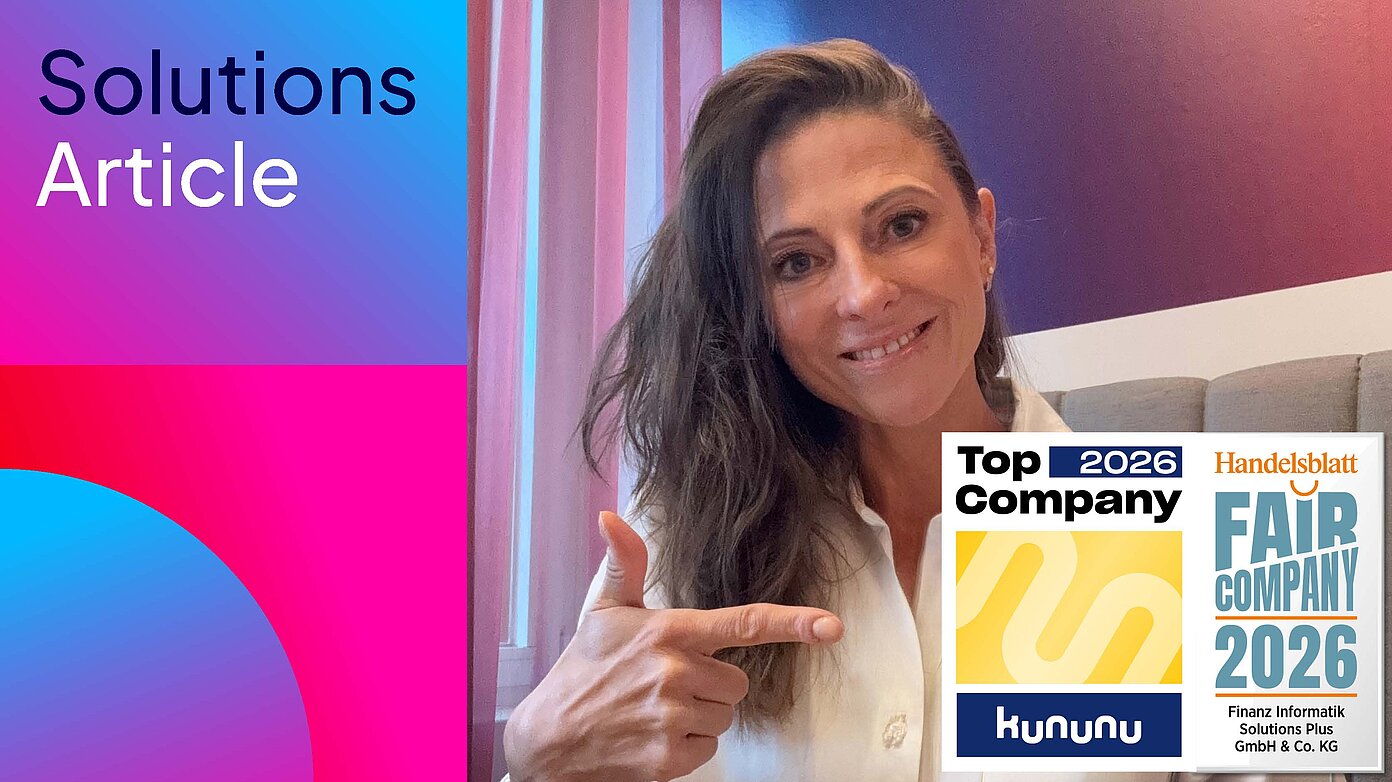 Mitarbeiterin der FI-SP zeigt Arbeitgeber-Siegel Top Company 2026 von kununu und Fair Company Auszeichnung