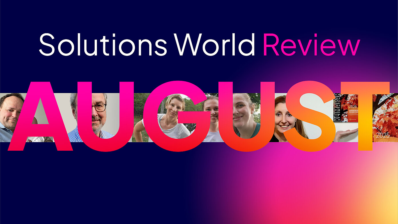 Collage mit Teamfotos und Schriftzug „Solutions World Review – August 2025“