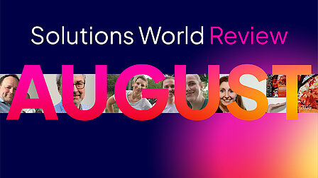 Solutions World Review: Der August bei der FI‑SP Collage mit Teamfotos und Schriftzug „Solutions World Review – August 2025“